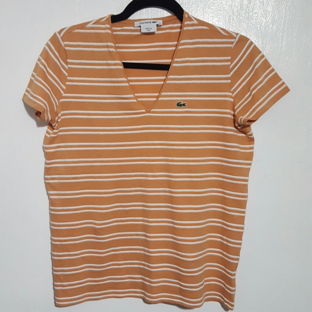 Lacoste Womens V Neck Short Sleeve Shirt Stripe